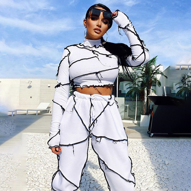 Spring Gray Knit Women Tracksuit 2 Piece Set Long Sleeve Patchwork Turtleneck Tashirt Top Pants 2 Pieces Set Women Casual 210302