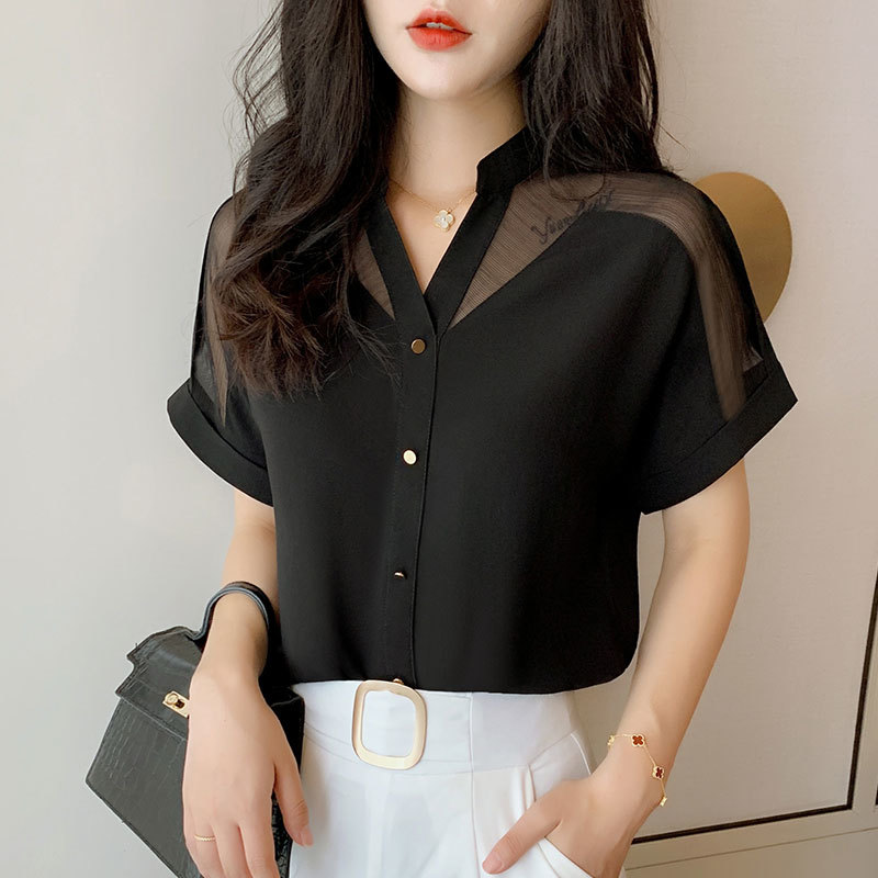 2021 Summer New Style Short-Sleeved Top Women Fashion Solid Color Mesh V-neck Women Shirts Pullover Chiffon Women Blouse 9632 210225