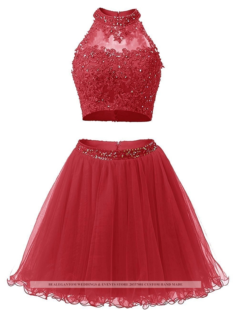 Sweet Sexy Backless Sequins Ball Gown Mini Homecoming Dress With Two Pieces Appliques Tulle Plus Size Graduation Cocktail Prom Party Gown BH11