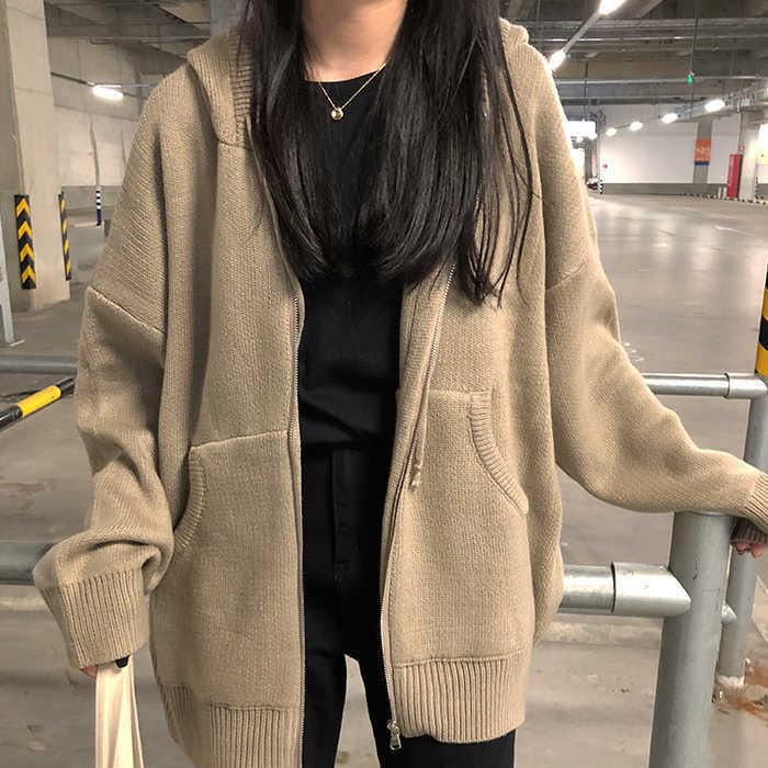 Nomikuma Thicken Solid Oversized Sweater Hooded Coat Korean Pockets Long Sleeve Jacket Autumn Winter Knitted Cardigan 6C400 210805