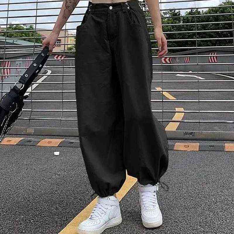 HOUZHOU Y2K Fashion Khaki Oversized Cargo Pants Hip Hop Style Loosed Adjustable Waist Drawstring Long Pant Streetwear 90s Autumn 211115