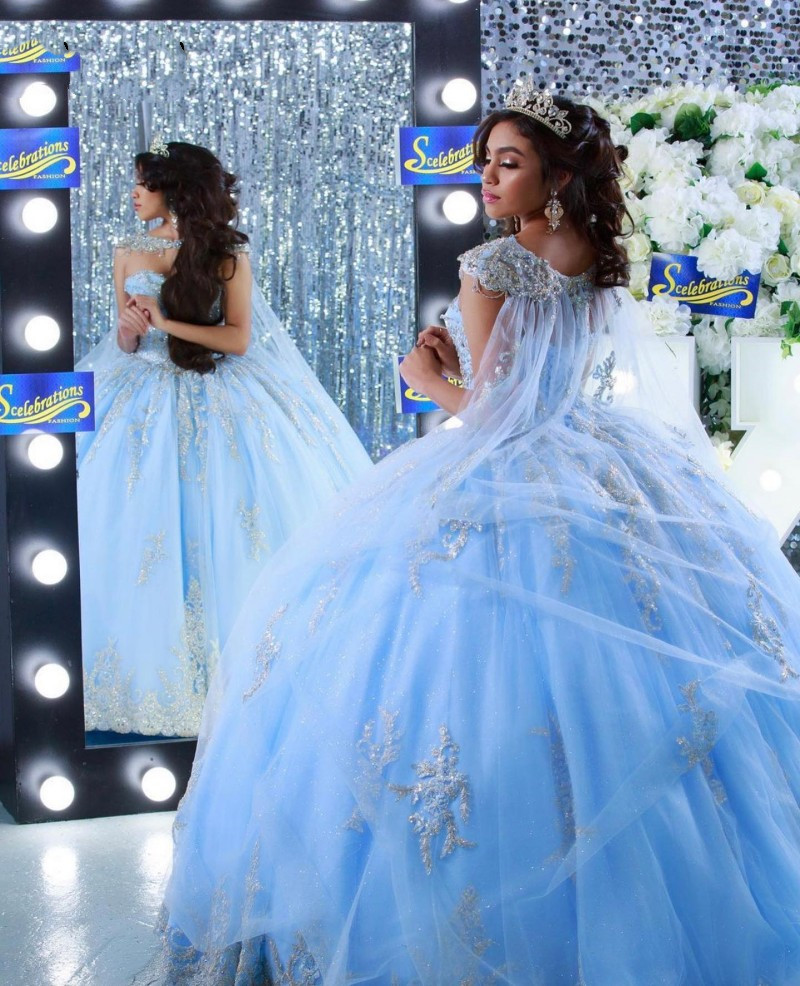 Light Sky Blue Quinceanera Dresses with Cape Applique lace-up Corst Sweet 16 Dress 2022 vestidos de 15 años Prom Masquerade gowns