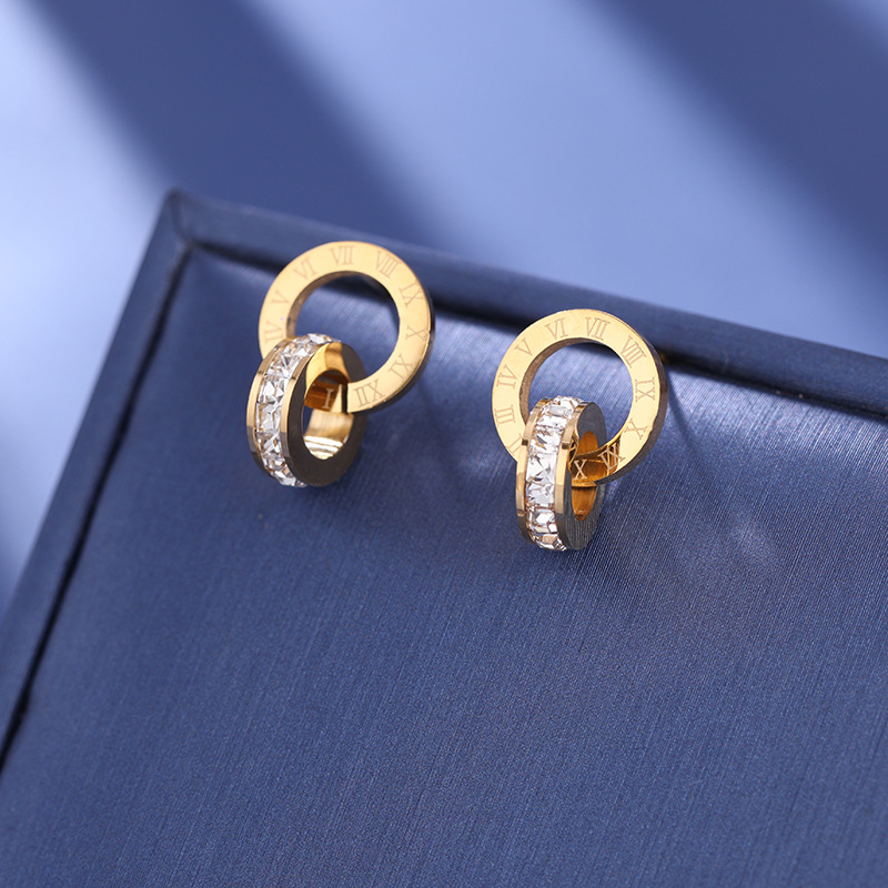 New Trendy Double Circle Roman Numerals Diamond Stud Charm Earrings Stainless Steel Earring