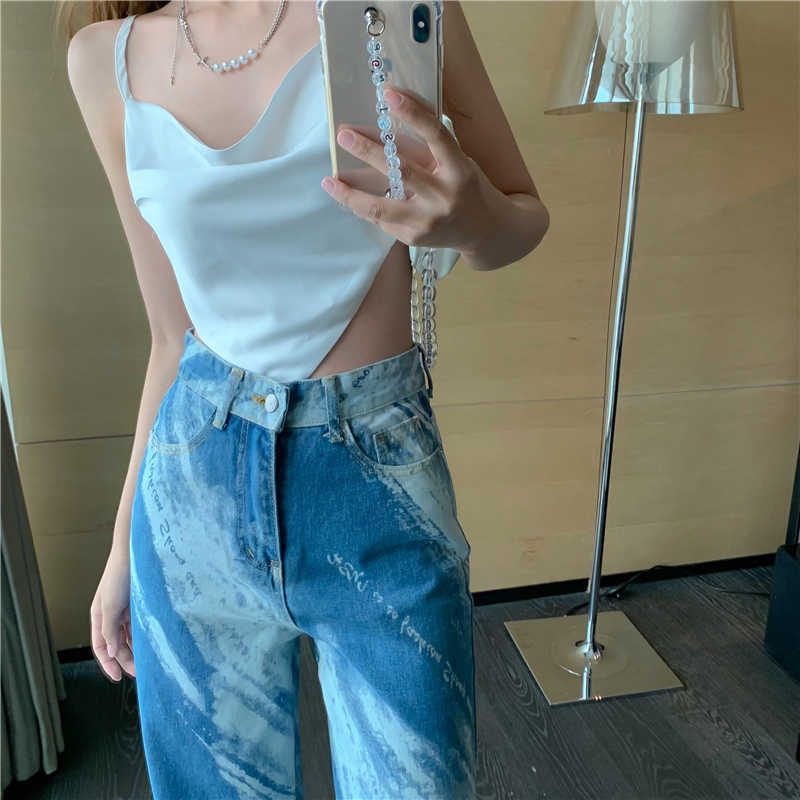 Yedinas 90s Egirl Tiedye Blue Jeans Color Painting Pattern Women Straight Chic Bf Denim Pants Full Length Hole Trousers 210527