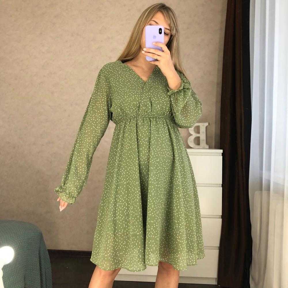 NIJIUDING Autumn Latest High Waist V-neck Slimming Printed Mid-length Chiffon Dress Ladies Small Fresh Wild Plus Size 4XL 210623