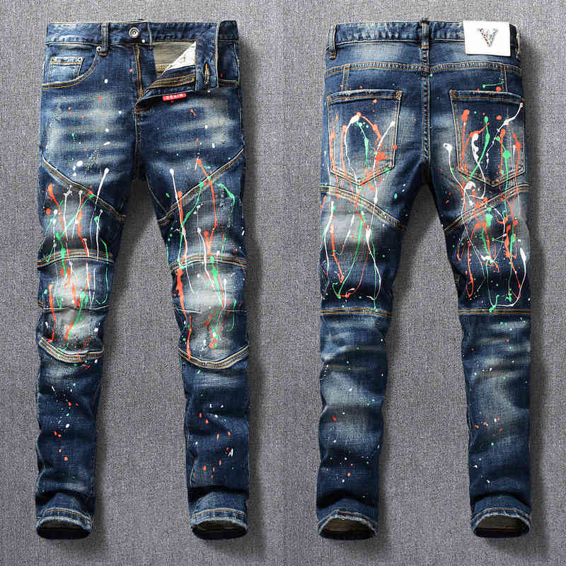 American Streetwear Fashion Men Painted Designer Slim Fit Elastic Punk Trousers Spliced Biker Jeans Homme Hip Hop Pants, Retro blue
American Streetwear Fashion Men Painted Designer Slim Fit Elastic Punk Trousers Spliced Biker Jeans Homme Hip Hop Pants, Retro blue