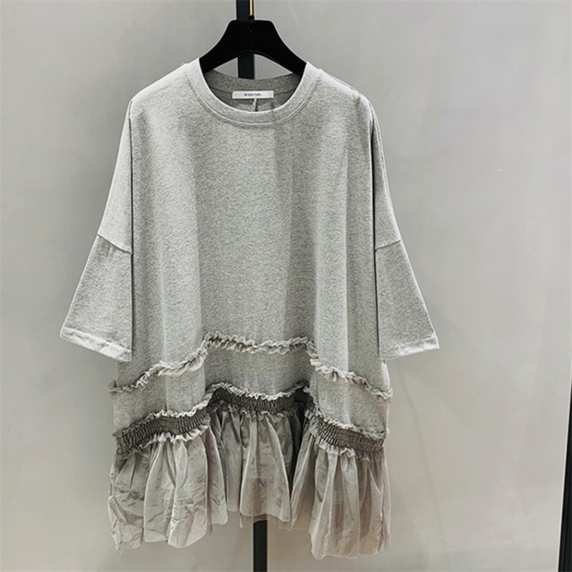 [EWQ] Spring Sweet T-shirt Mesh Stitching Top Student Plus Size Short Sleeved Summer T Shirt Oversize Pullover Shirts Black 210306