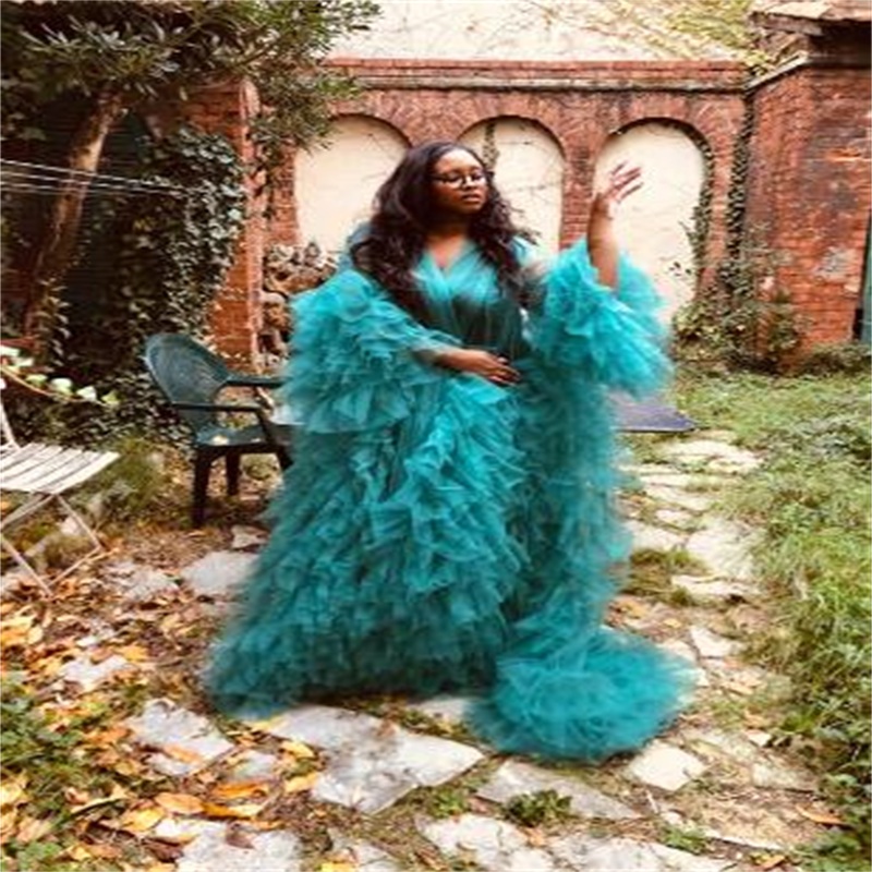 Puffy Bride Sleepwear Robes With Belt Soft Tiered Tulle Sexy V Neck Long Sleeve Custom Made Women Sleepwear Pajamas Dresses