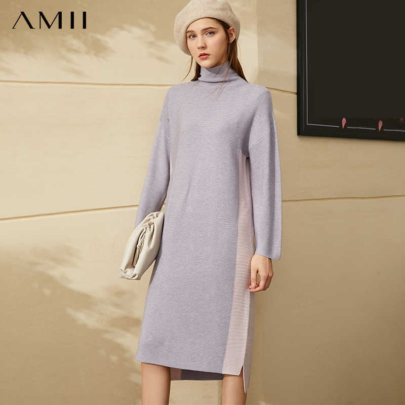 Minimalism Winter French Style Women's fashion dress Sweater Dress Loose Knee-length Knitting 1388 210527