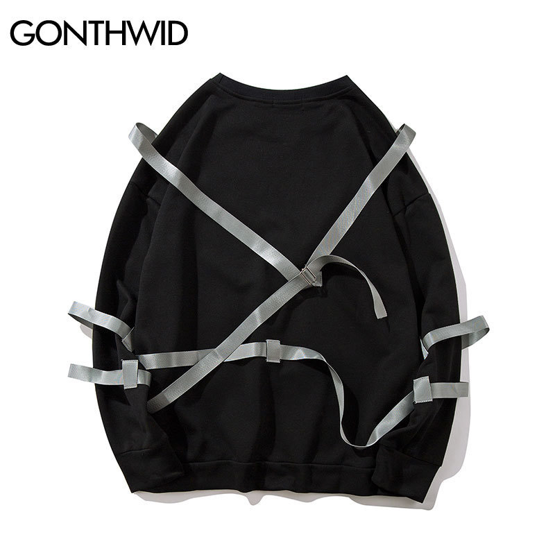 GONTHWID Ribbons Pullover Sweatshirts Hoodies Streetwear Men Hip Hop Punk Rock Solid Color Tops Hipster Fashion Casual Hoodie 201020