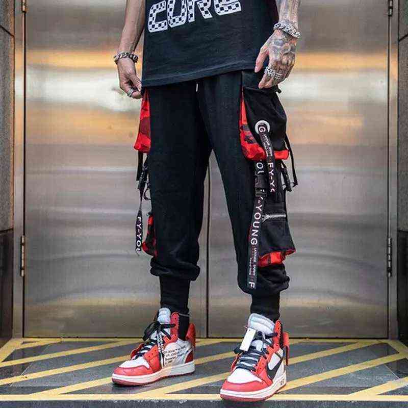 Joggers Cargo Pants for Men Casual Hip Hop Hit Color Pocket Male Trousers Sweatpants Streetwear Ribbons Techwear Pants 211112