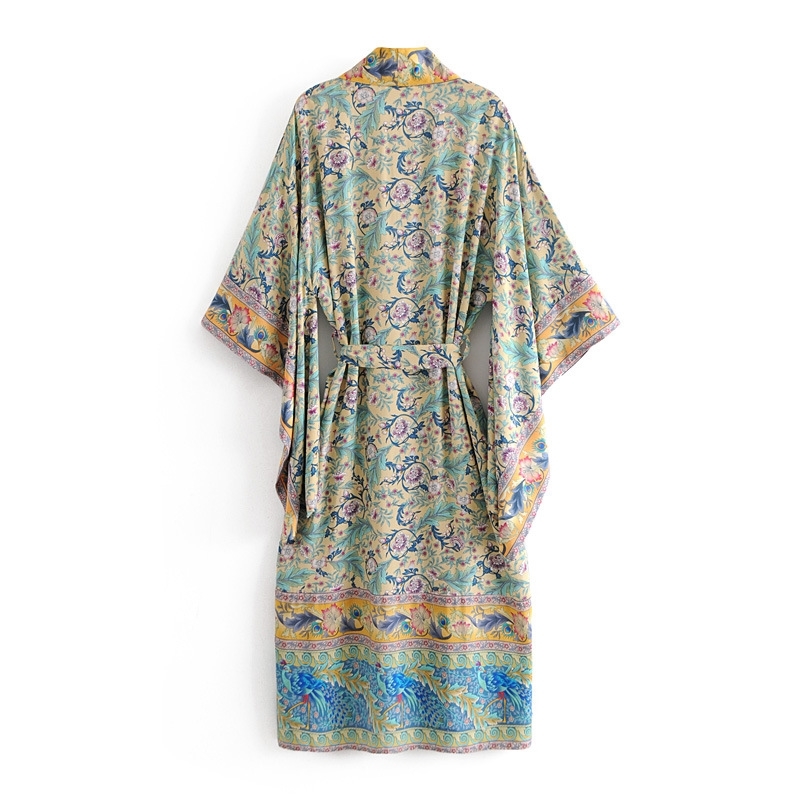 Boho Spring Summer Floral Loose Casual kimono Sleeve beach top Open Front maxi Kimono Tie Belt shirt blouse beach women 210225
