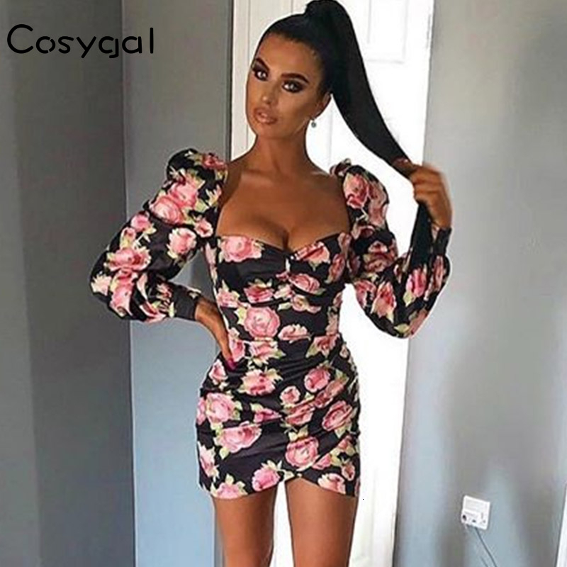 COSYGAL Ruched Autumn Bodycon Floral Printed Satin Dress Women Long Puff Sleeve Milkmaid Party Dress Vintage Winter Sexy Dress 201008