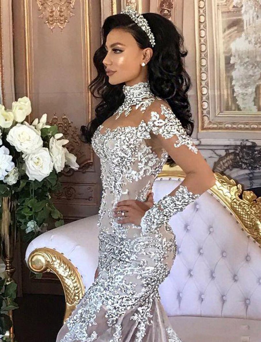 2021 Gorgeous Mermaid Wedding Dresses Lace Appliques Sheer High Neck Bridal Gowns With Long Sleeve Appliques Crystal Wedding Dress