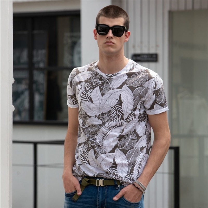 AIOPESON Summer Leaf Printed T Shirts Men O-neck 100% Cotton Short-sleeved Men's T-Shirt Summer Male Tops Tee Shirts 210623