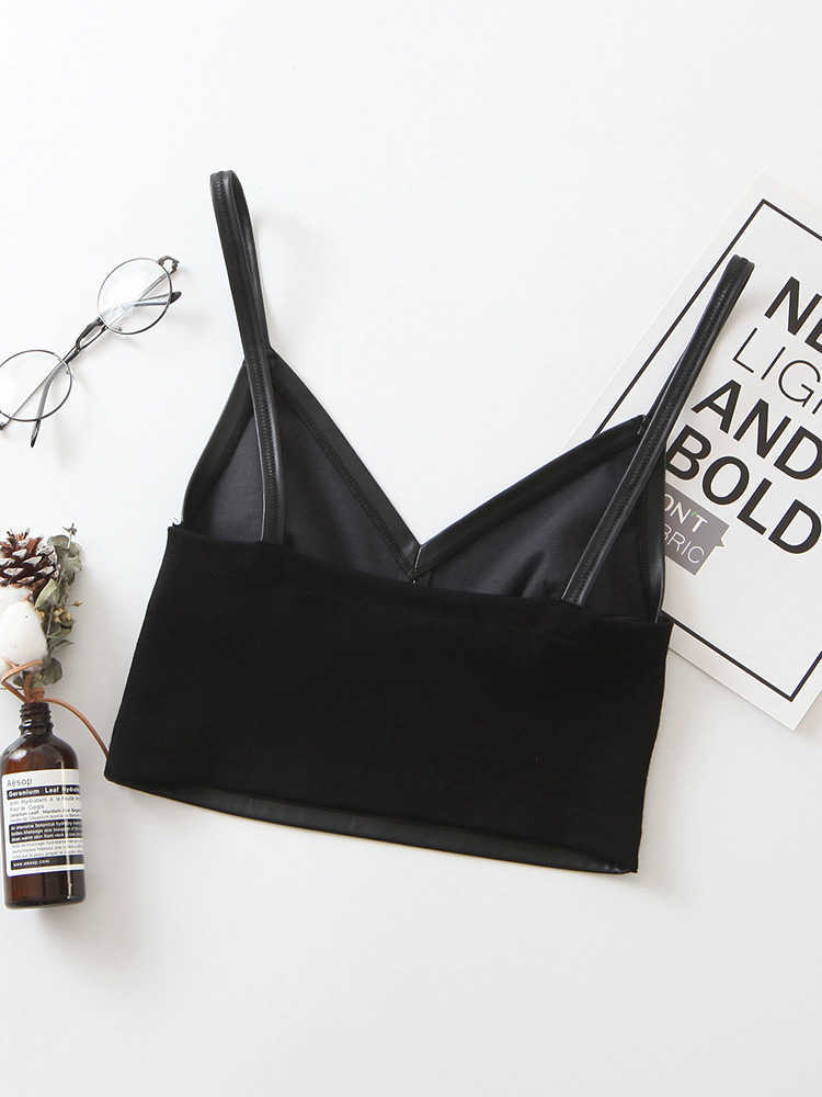 BIAORUINA Women's Sleeveless Black PU V-neck Sexy Short Camisole Female Club Style Backless Patchwork Fashion Tank Top Crop Tops 210625