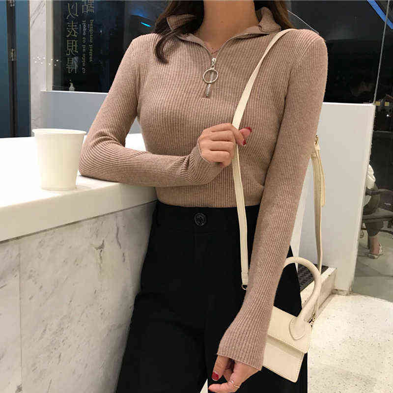 Knitted Women Zipper High Neck Sweater Pullovers Turtleneck Autumn Winter Basic Women Sweaters Slim Fit Black Pull Femme 211109