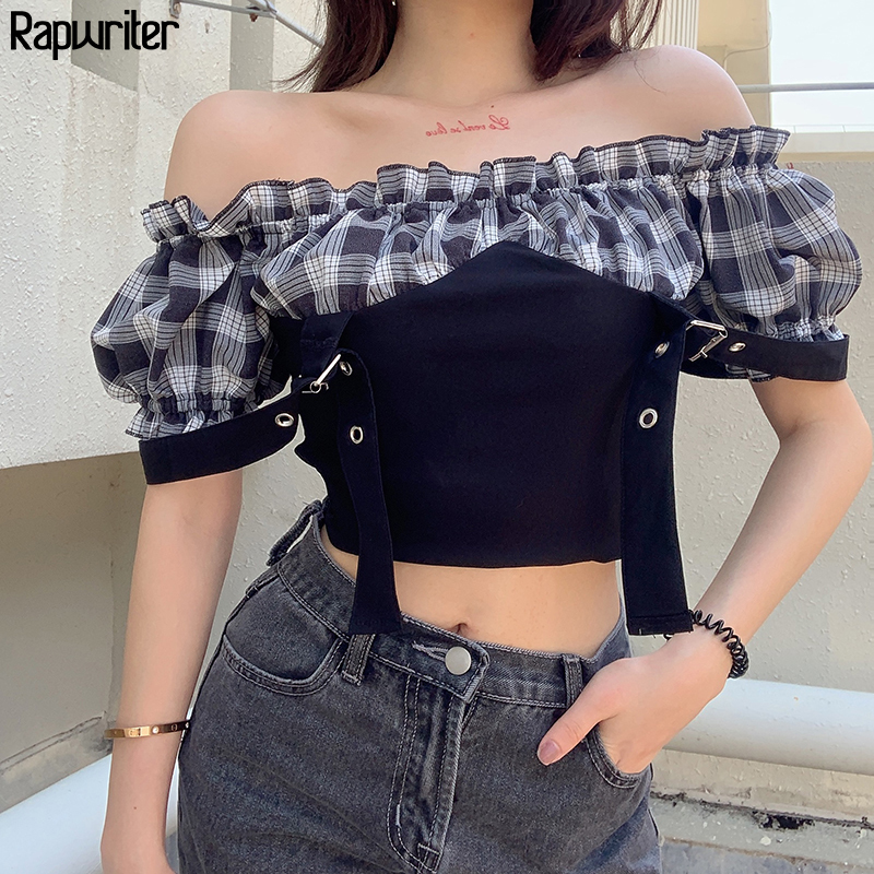 Rapwriter Adjustable Strap Summer T Shirt Patckwork Plaid Tops Ruffles Short Sleeve Streetweat Harajuku Tee Shirt Crop Tops 210302
