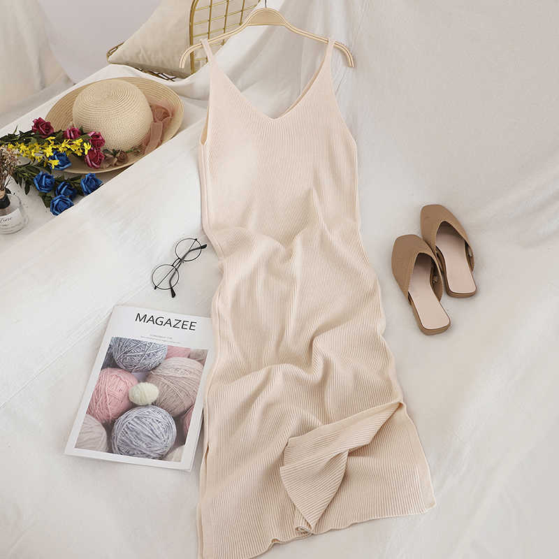 OCEANLOVE V Neck Solid Knitted Dresses Casual All Match Simple Fashion Korean Women Dress Elegant Vestidos Clothes 15517 210630