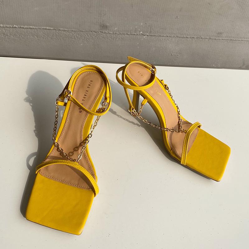 Chic Women's Purple High Heels with Gold Chain Detail - Open Toe Stiletto Sandals Ideal for Nightlife
