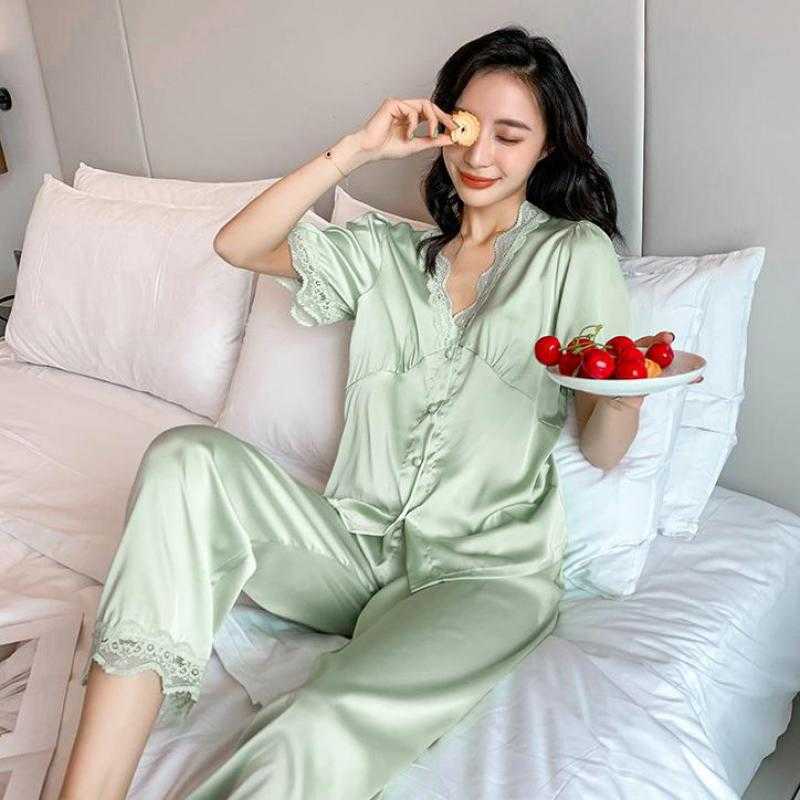 Summer Pajamas Set Women Satin Lounge Wear Sleepwear Casual Shirt&Pants Intimate Lingerie Soft Pyjamas Home Clothes Q0706