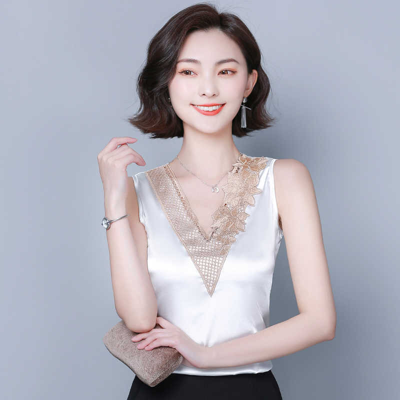 Korean Fashion Silk Tank Top Women Satin Office Lady Lace Solid Plus Size XXXL/4XL White Clothing for 210531
