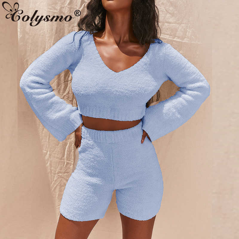 Colysmo Autumn Two Piece Set Women Lonng Flare Sleeve Pullover Shorts 2 Outfits Womens Loungewear Blue 210527