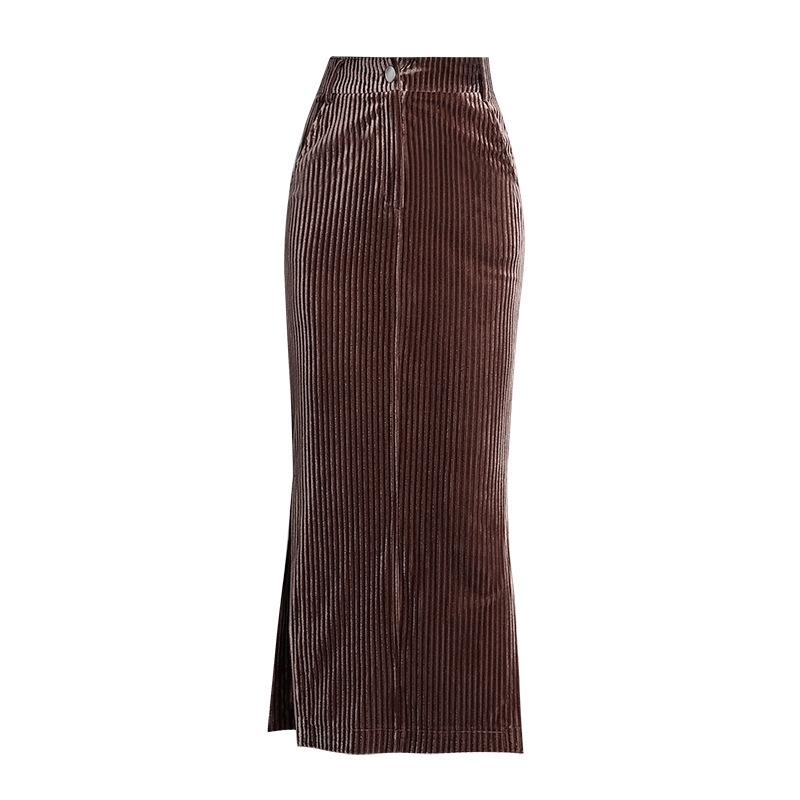 Plus Size Women Thick Corduroy Skirt Autumn Winter Vintage Pencil Side Slit Female Long Skirt High Waist Wrap Coffee Skirt 210309