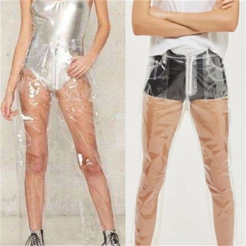 Fashion Pvc Plastic Waterproof Trousers Transparent Solid High Waist Wide Leg Pants Loose Pants 201012