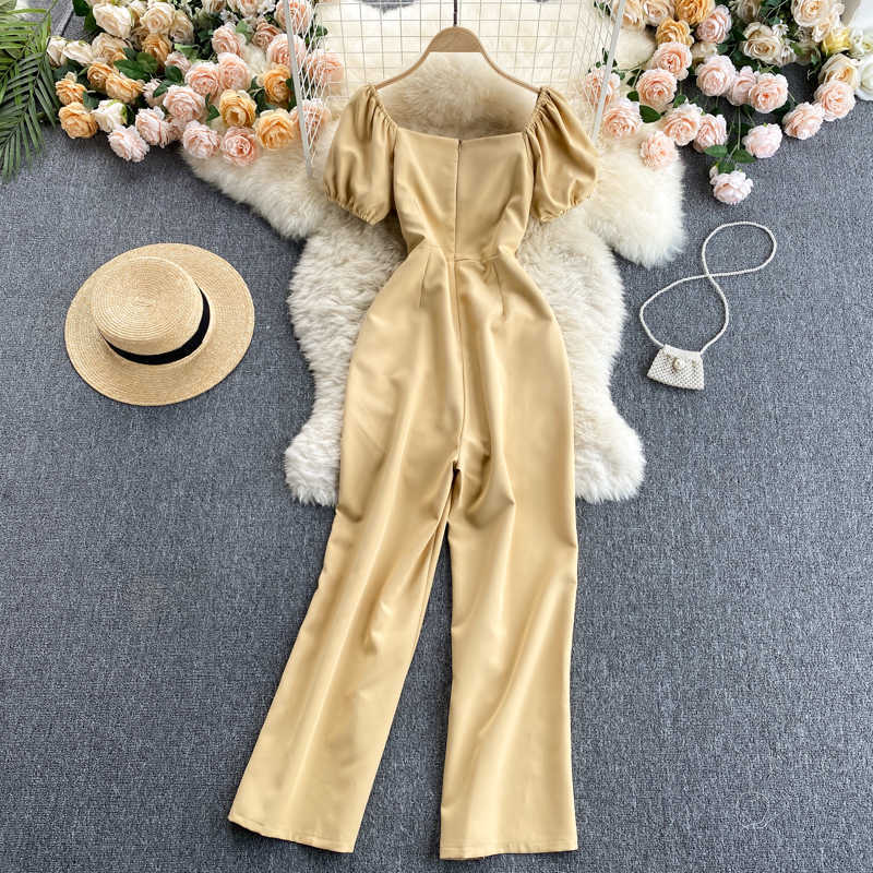 Women Fashion Pleated Square Collar High Waist Thin Short Sleeves Long Jumpsuit Solid Color Broad-legged Overalls S416 210527