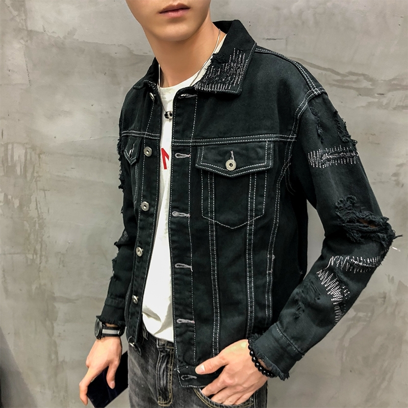 jaqueta masculino autumn new denim jacket men turn down collar simple loose men jacket Lovers long sleeve hole jeans jacket men T200502