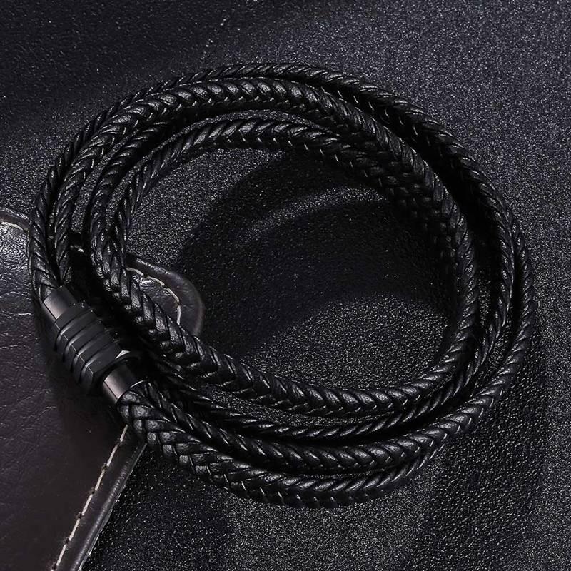Charm Bracelets Black Multilayer Braided Leather Wrap Bracelet Bangle Men Stainless Steel Male Woven Wristband Jewelry Accessories SP1102