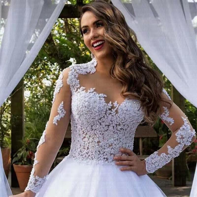 Modern White A Line Wedding Dresses Lace Long Sleeves Bridal Gowns Chapel Train Illusion Back Zipper Arabic Dubai Garden Cathedral Tulle Bride Dress 2