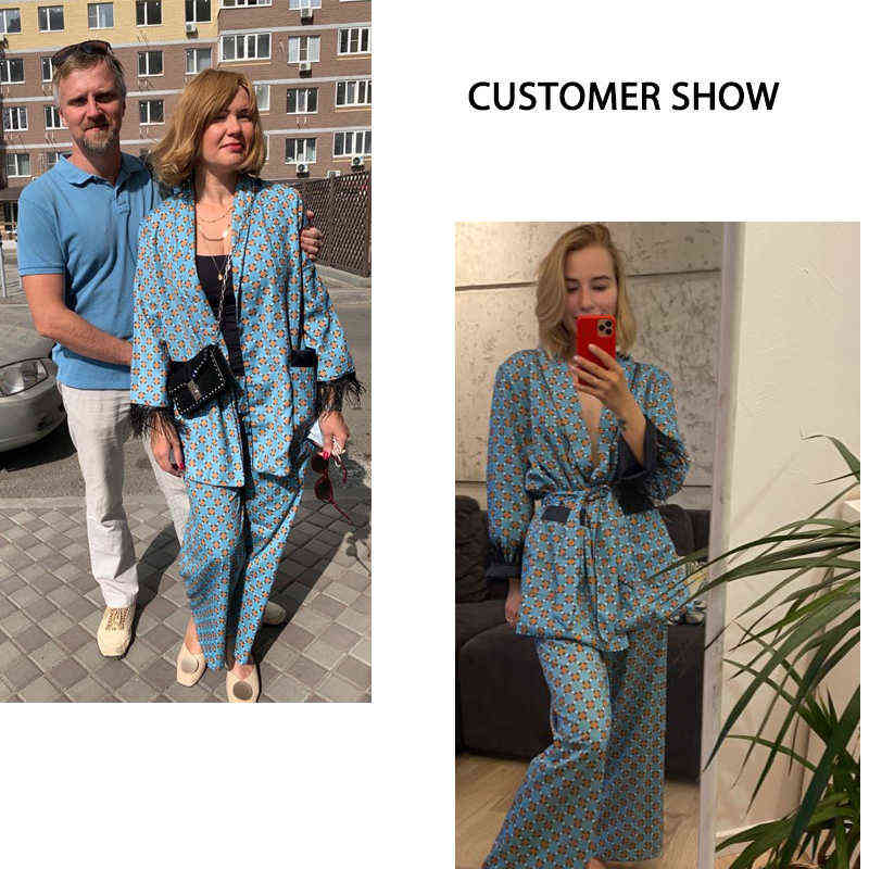 toppies Blue Printed Kimono Jacket with Feather Sleeves Wide Leg Loose Cuasal Trousers Women Vintage Clothing Suits 211117