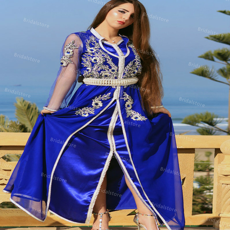Elegant Royal Blue Crystal Kaftan Evening Dresses Long Sleeve Dubai Abaya Formal Prom Dress Vintage Lace Turkey Evening Gowns Muslim Dress