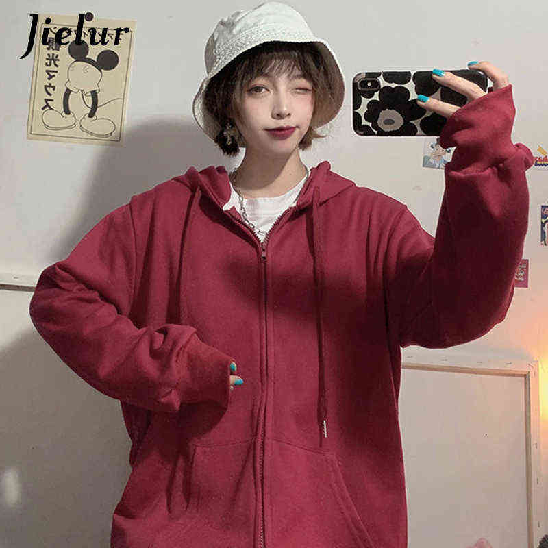 Jielur Brick Red Black Gray Hoodies Female Zip-up Tracksuit Autumn Harajuku Cool Street Fashion Women's Sweatshirt M-XXL 211109