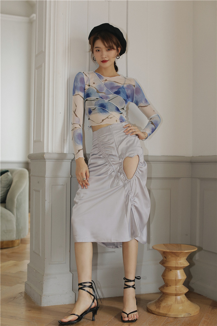 CHEERART Mesh Crop Top Long Sleeve T Shirt Women Printed Tshirt Transparent Ladies Tight Top Patchwork Summer Fashion 210310