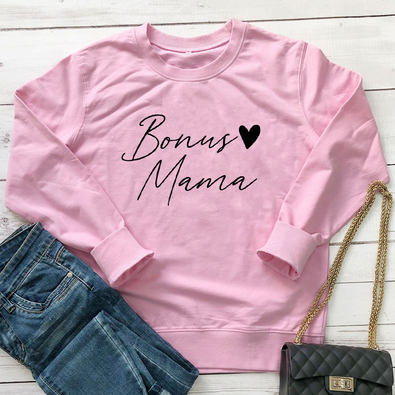 Bonus Mama 100% Cotton Sweatshirt Casual Women Long Sleeve Jumper Mom Life Pullovers Funny Mother's Day Gift Sweatshirt Dropship T200525