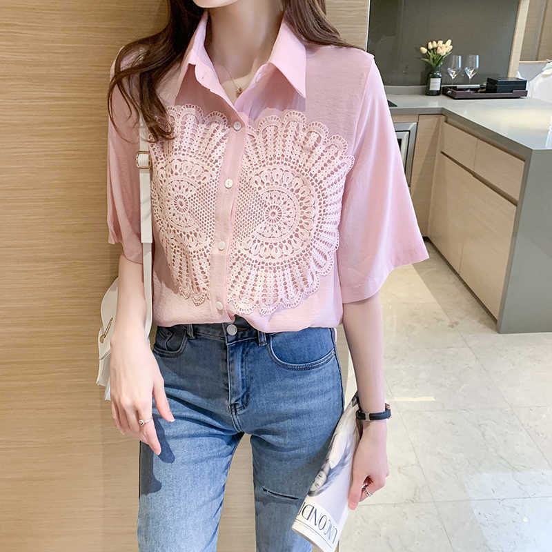 Korean Women Shirt Chiffon Blouses for Half Sleeve Shirts Female White Lace Embroidery Blouse Tops Plus Size Woman 210604