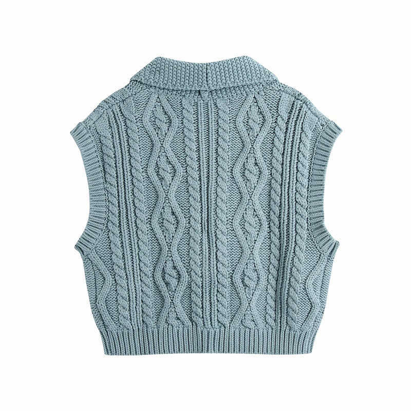 ZA Cable Knit Cropped Vest Sweater Women Sleeveless Front Jewel Button Vintage Knitted Top Female Chic Fitted Blue Sweaters 210602