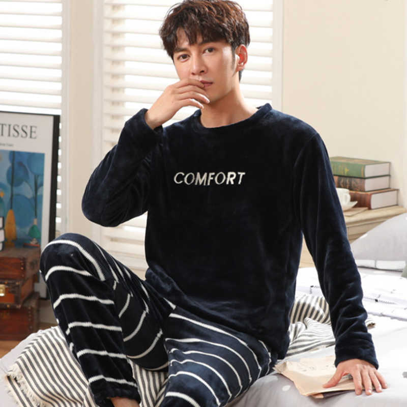 Winter Thick Warm Blue Flannel Pajama Sets for Men Long Sleeve Coral Velvet Sleepwear Suit Loungewear Homewear Home Clothes 210812
