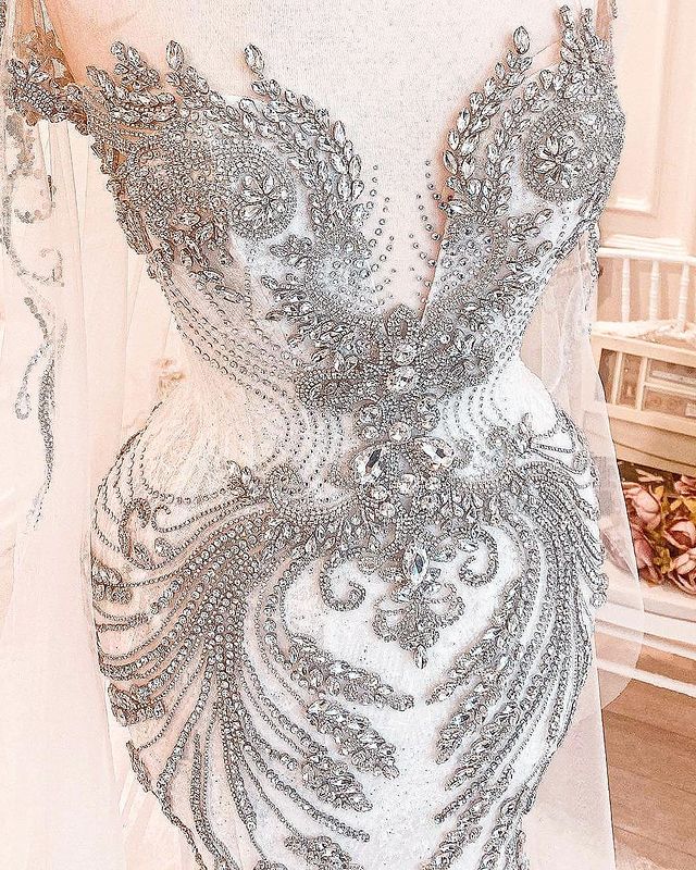 2021 Plus Size Arabic Aso Ebi Luxurious Beaded Crystals Wedding Dresses Backless Sheer Neck Bridal Dresses Lace Wedding Gowns ZJ366