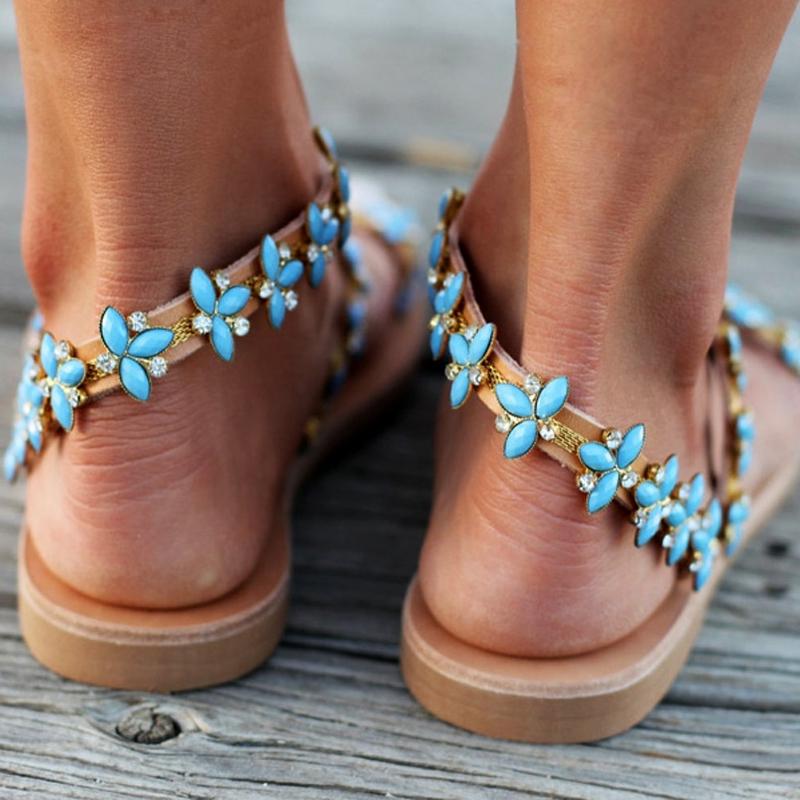 New women sandals summer gladiator flats handmade rhinestone bohemia shoes ladies open toe flip flop casual beach sandals