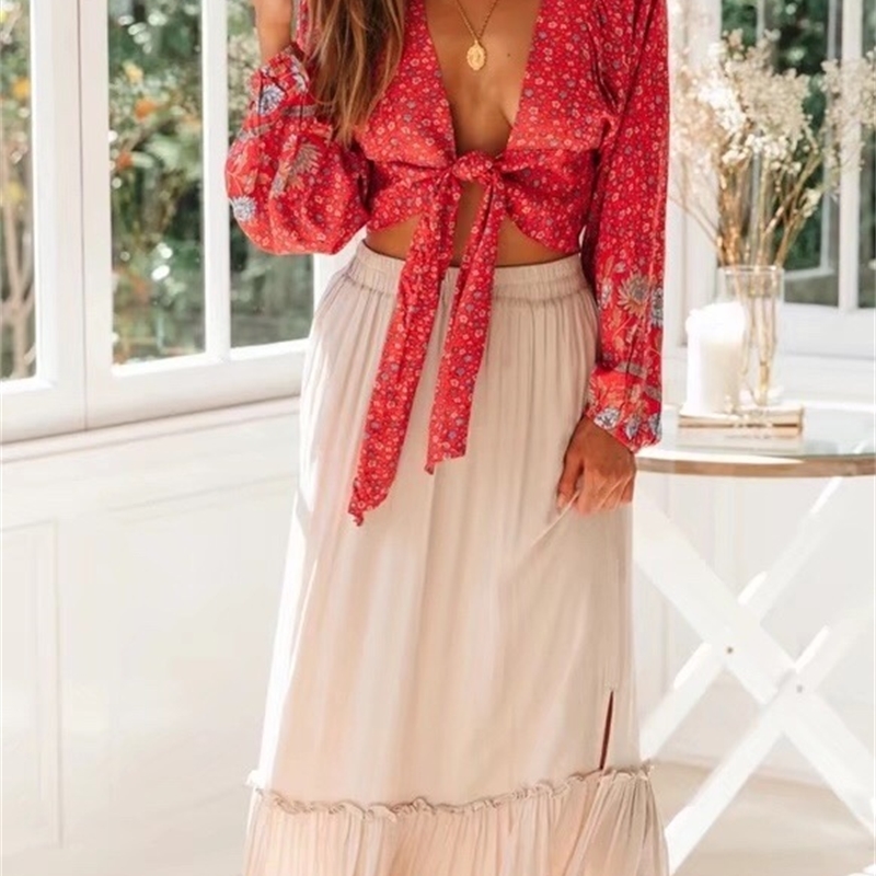 New Women Bohemia Sun Flower Print Kimono Shirt Loose Long Sleeve V-Neck Lacing Up Tie Bow Cardigan Blouse Femme Blusas 210225