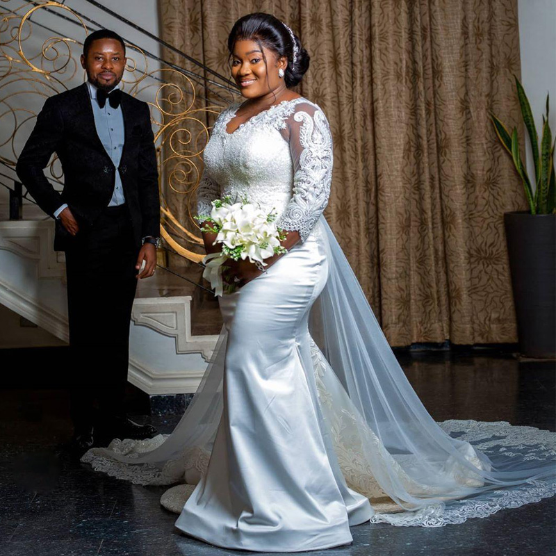 Vintage African White Mermaid Dresses V-Neck Plus Size Bridal Gowns Appliques Lace Beads Long Wedding Dress Vestidos de nvia