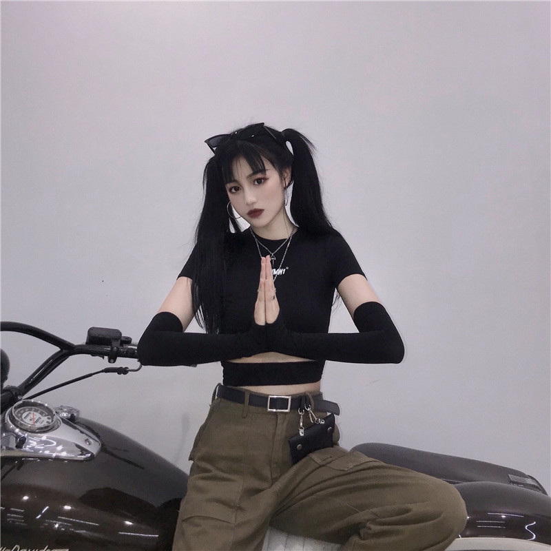 InsGoth Black Tee Women Bodycon Crop Top T-shirts Gothic Streetwear Letter Print Short Sleeve Sexy Female T-shirts Tops T200512