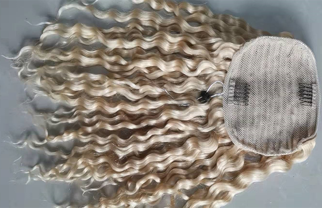 Fashion European ponytail cuticle aligned raw human Deep wave curly white 613 blonde draw string pony tail hair peace 140g 14inch