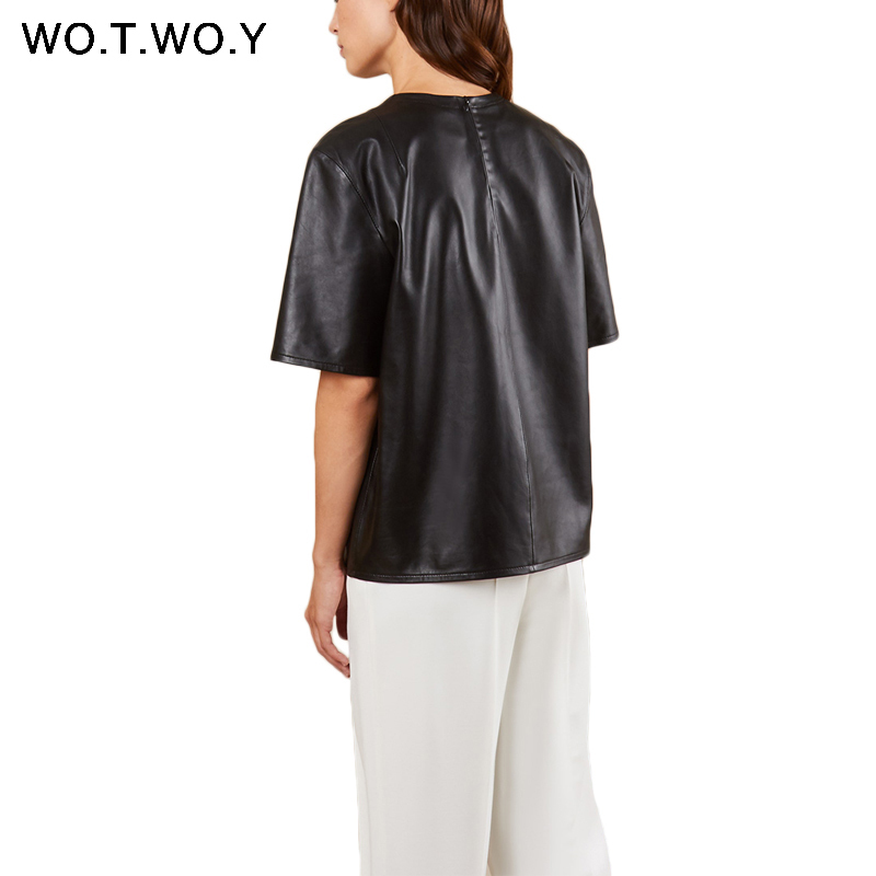 WOTWOY Spring Summer faux leather Women Tshirt Back Zipper Casual Faux Leather Black Female Tshirt Oneck Tops Women T200614