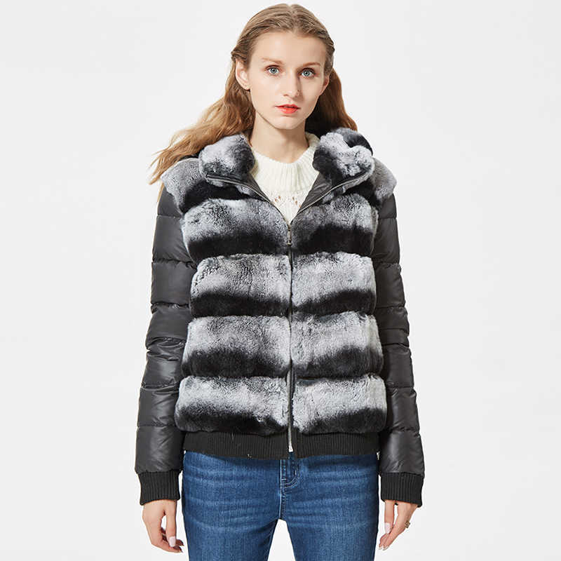 Real Rex Rabbit Fur Coat With Hood Down Jacket Sleeves fur bomber jacket Hooded with down coat women 210925wtt