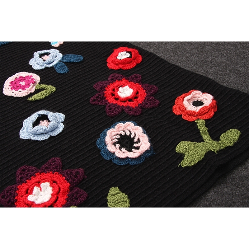 3D Flowers Aapliques Midi Pencil Skirts Womens Fashion Runway Elegant Sweater Skirt Winter High Waist Knitting Midi Long Skirt T200113